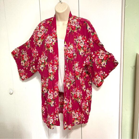 Swim Cover up KIMONO Duster Floral Wide Sleeves Mini One Size Fits Most - Picture 7 of 9